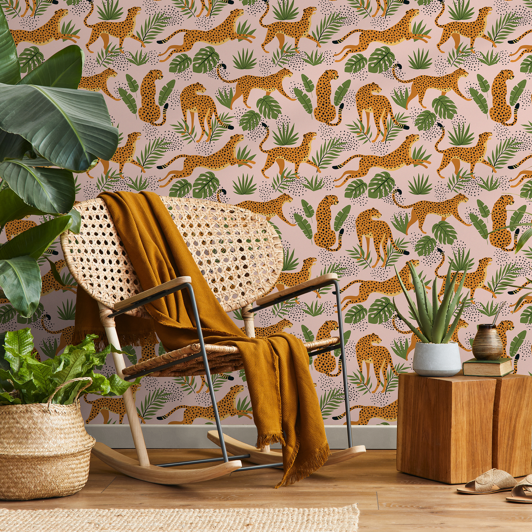 Animal Wallpaper with Cheetahs and Tropical Leaves in Pink, Green, and Orange - ZADR