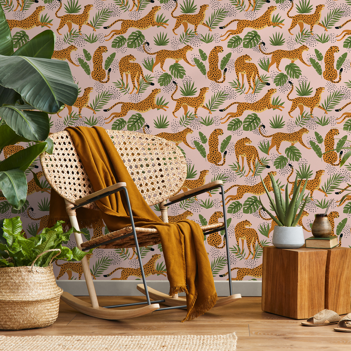 Animal Wallpaper with Cheetahs and Tropical Leaves in Pink, Green, and Orange - ZADR