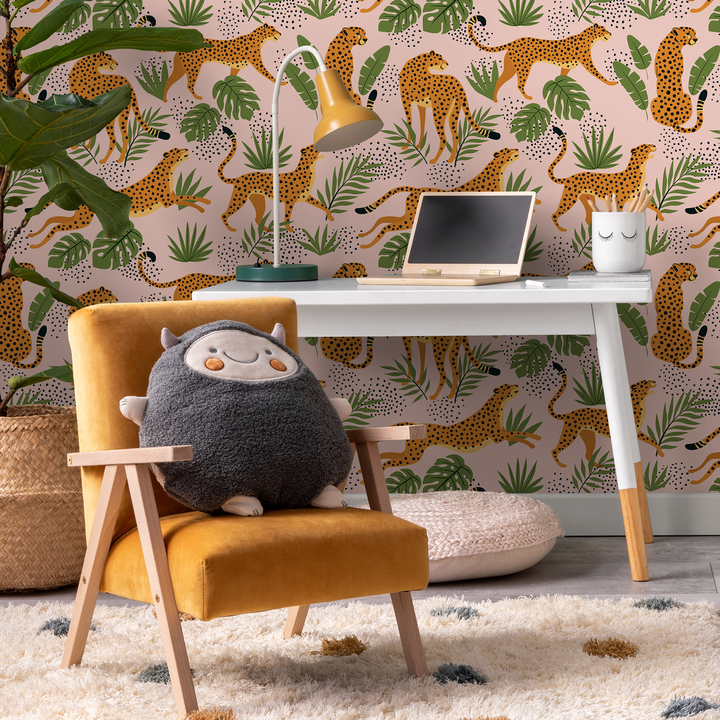 Animal Wallpaper with Cheetahs and Tropical Leaves in Pink, Green, and Orange - ZADR