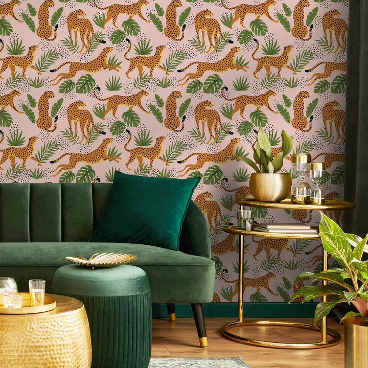 Animal Wallpaper with Cheetahs and Tropical Leaves in Pink, Green, and Orange - ZADR
