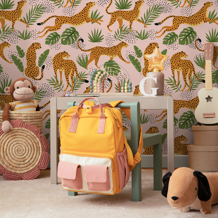 Animal Wallpaper with Cheetahs and Tropical Leaves in Pink, Green, and Orange - ZADR