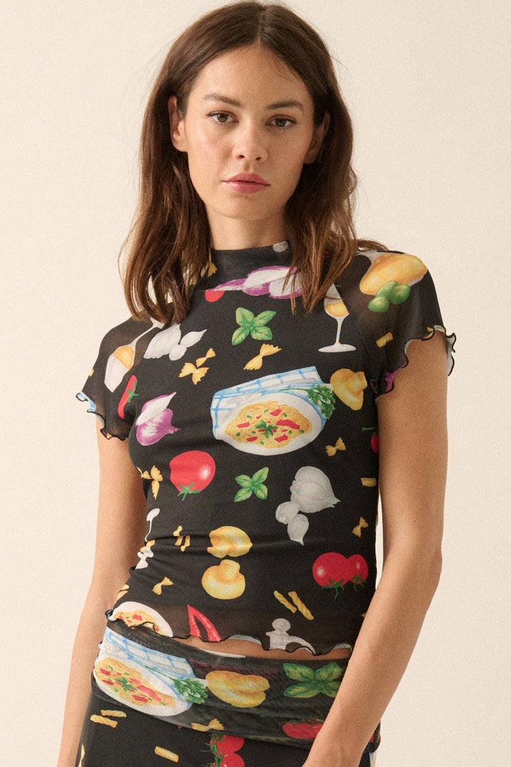 Italian Food Printed Mesh Mock-Neck