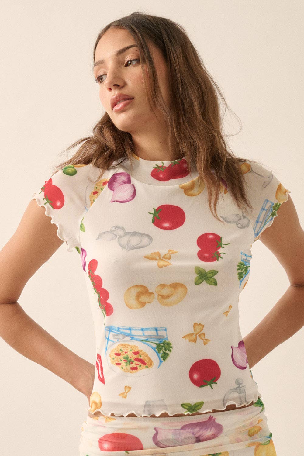 Italian Food Printed Mesh Mock-Neck