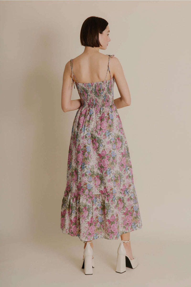 Smocked Bustier Dress in Floral Oyster