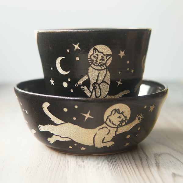 Space Cats Bowl, Farmhouse Style Handmade Pottery