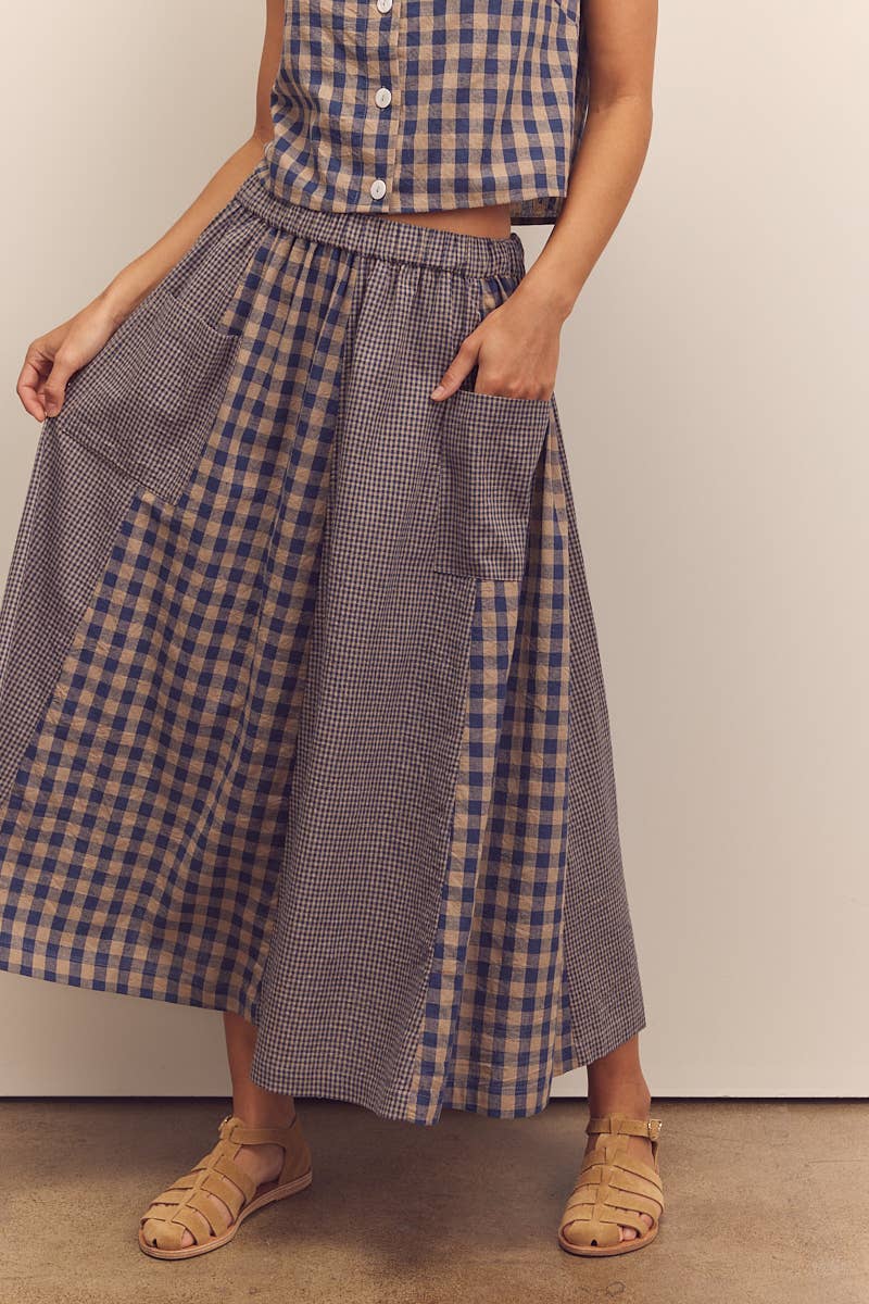 Cotton gingham panel skirt: Blue / Checkered / XS/S