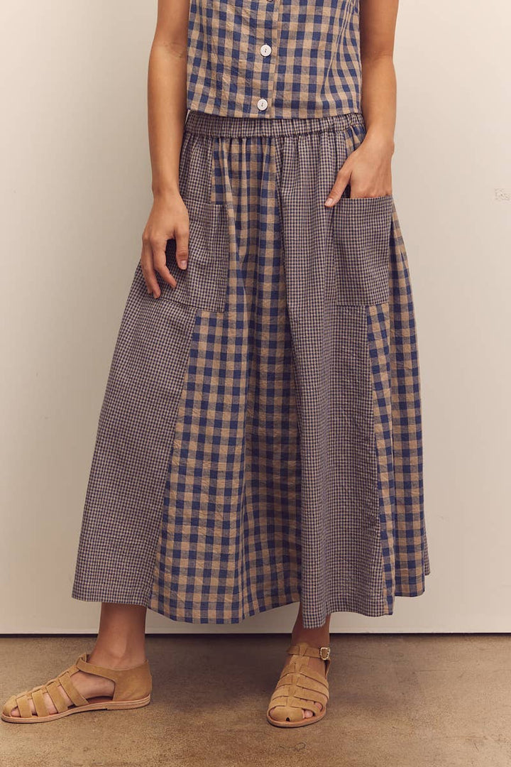 Cotton gingham panel skirt: Blue / Checkered / XS/S