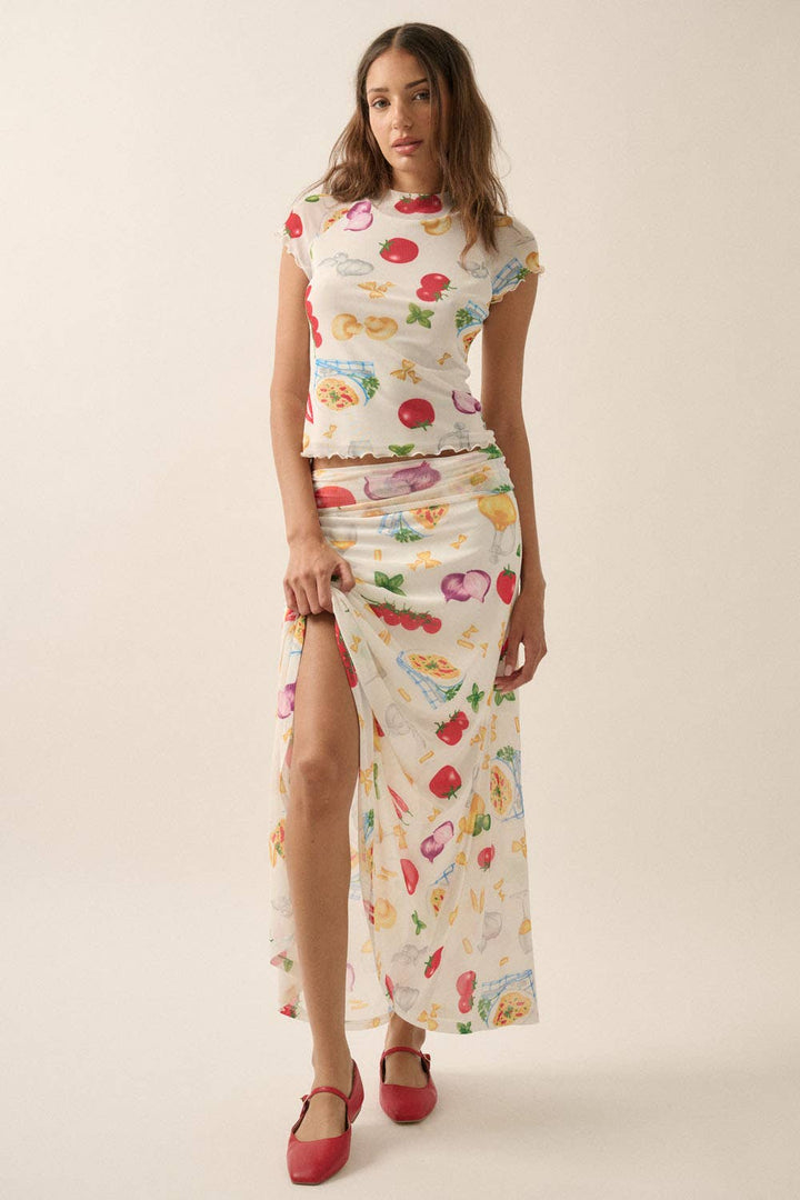 Italian Food Printed Mesh Mock-Neck