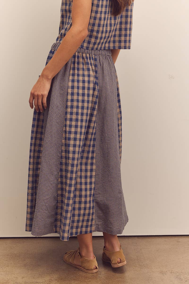 Cotton gingham panel skirt: Blue / Checkered / XS/S