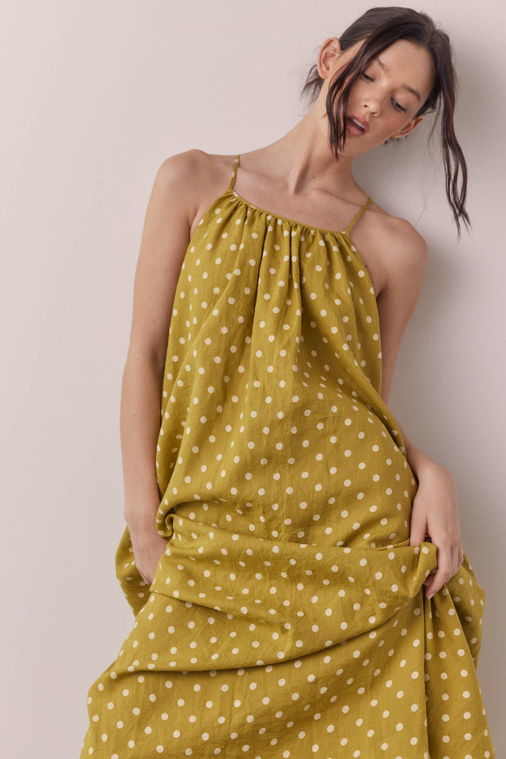 Linen Polka Dot Ankle Dress: Moss