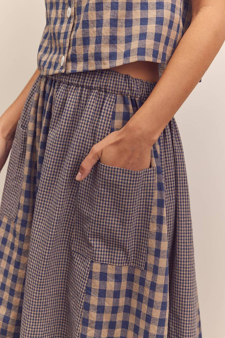 Cotton gingham panel skirt: Blue / Checkered / XS/S