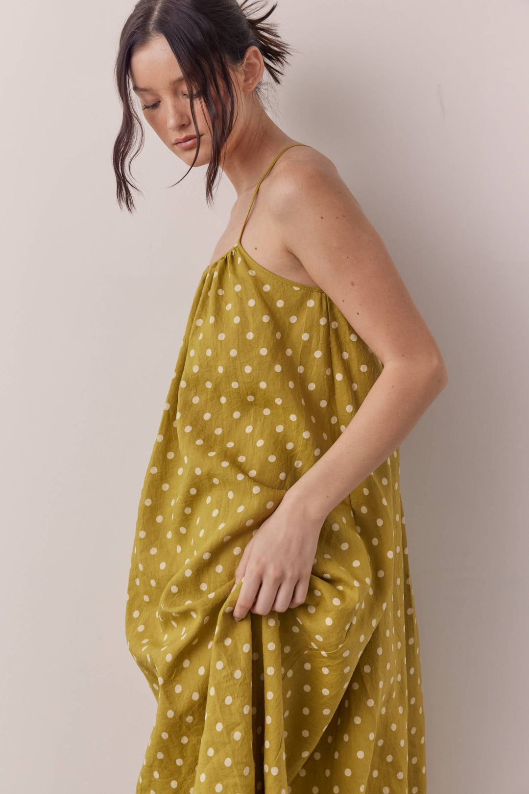 Linen Polka Dot Ankle Dress: Moss