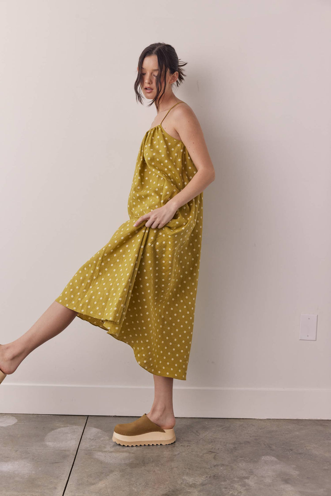 Linen Polka Dot Ankle Dress: Moss