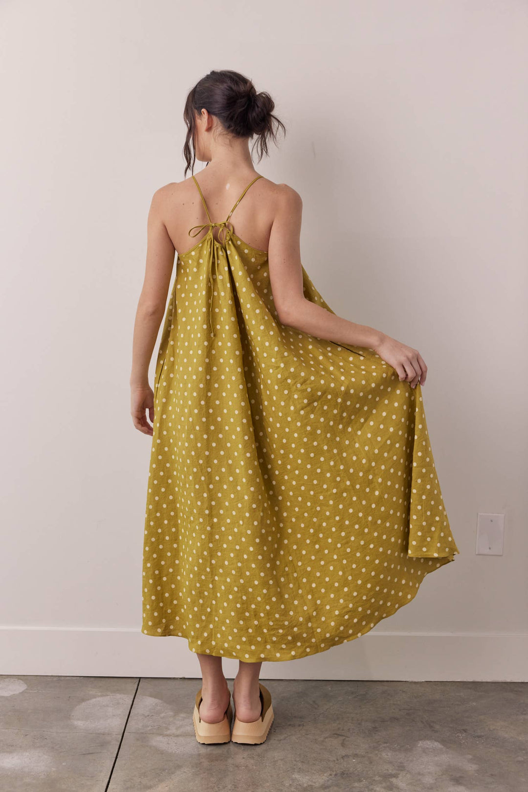 Linen Polka Dot Ankle Dress: Moss