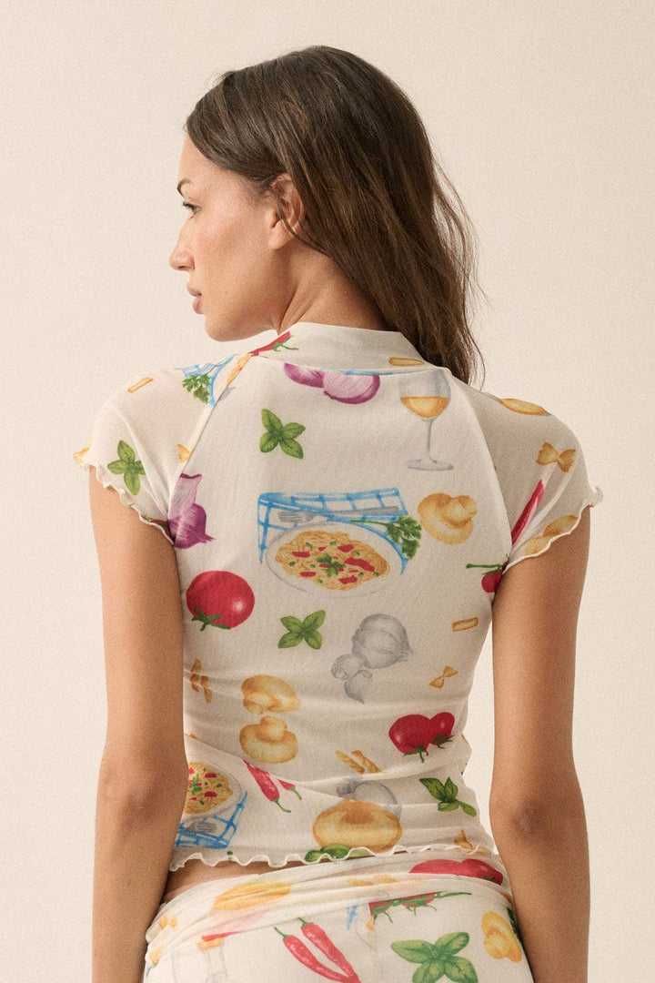 Italian Food Printed Mesh Mock-Neck
