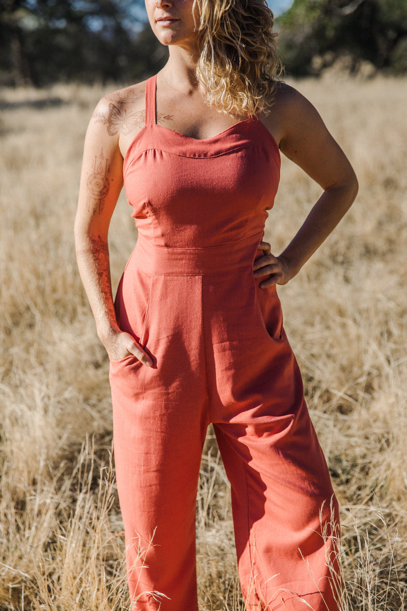 Yolked Juniper Jumpsuit in Sunset Coral