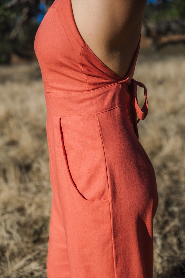 Yolked Juniper Jumpsuit in Sunset Coral