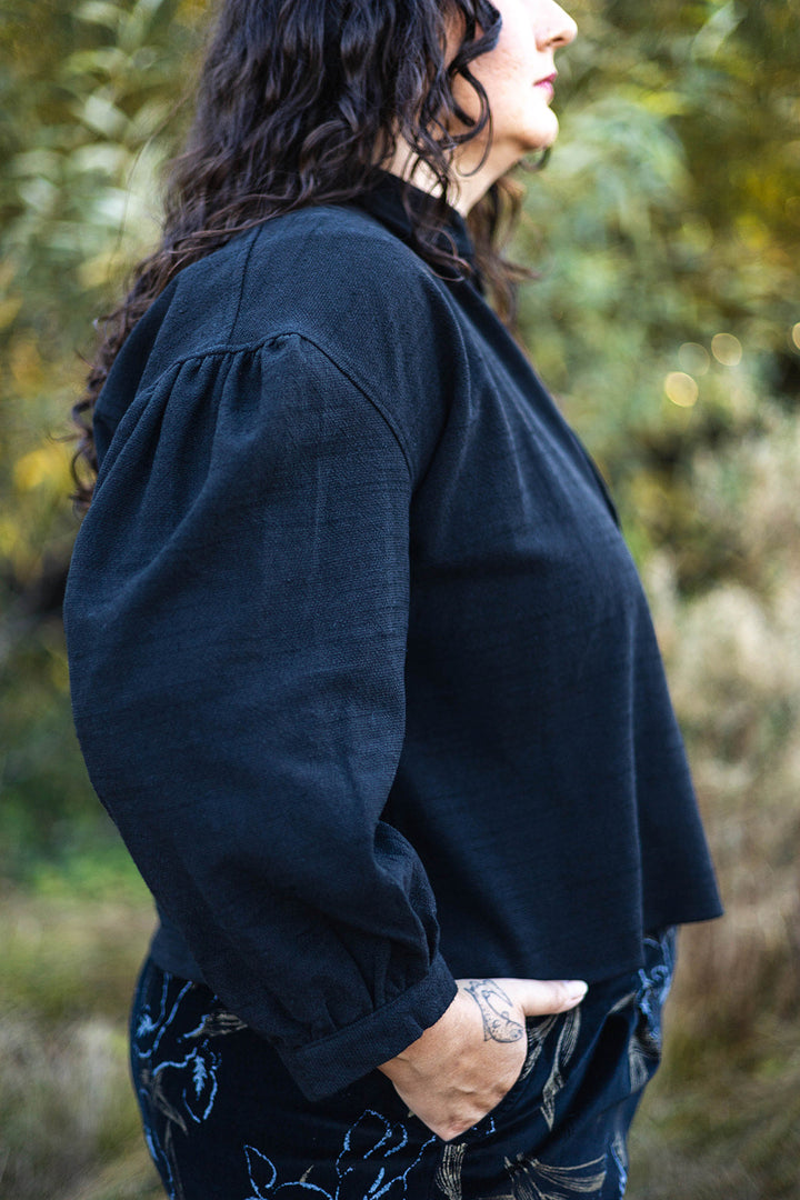 Drama Top in Black Textured Heavy Linen