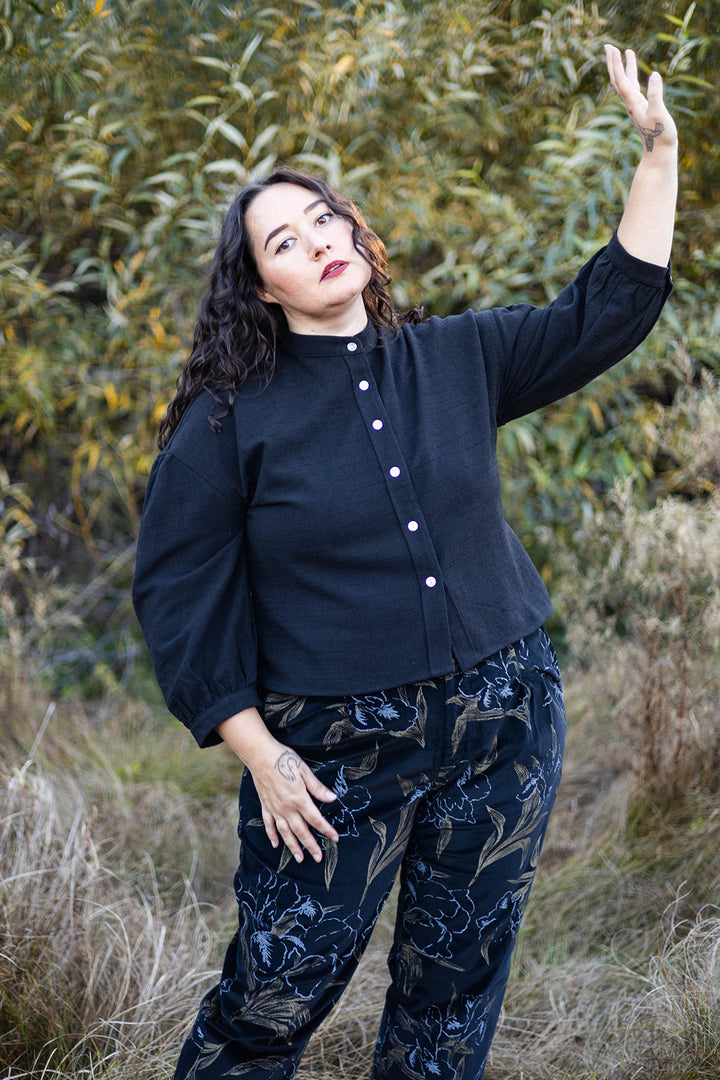 Drama Top in Black Textured Heavy Linen