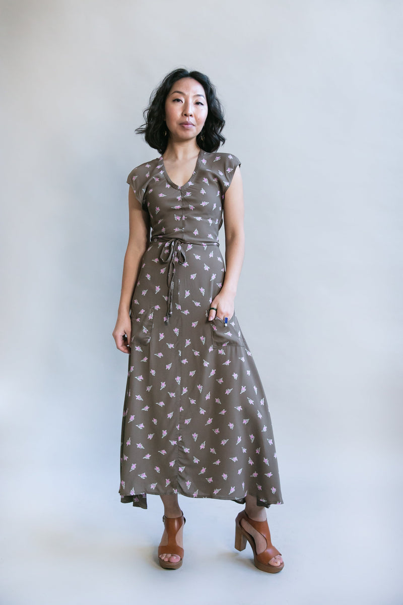 Belted Bias Dress in Olive Rose Bud