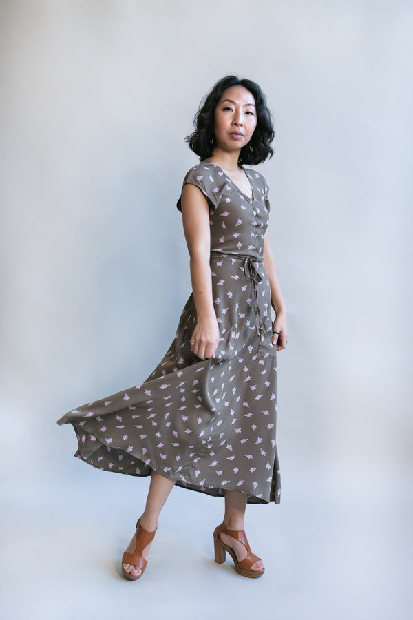 Belted Bias Dress in Olive Rose Bud