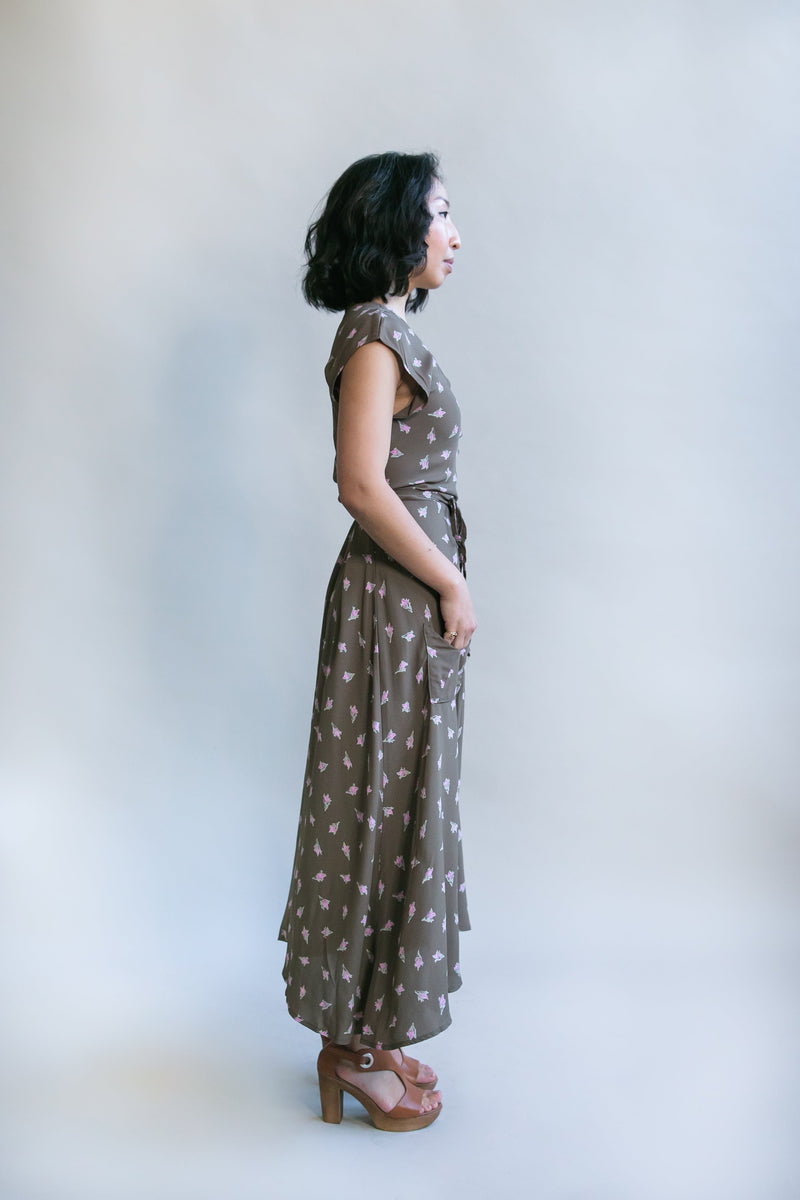 Belted Bias Dress in Olive Rose Bud