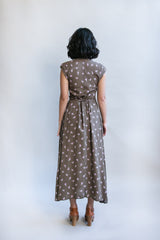 Belted Bias Dress in Olive Rose Bud