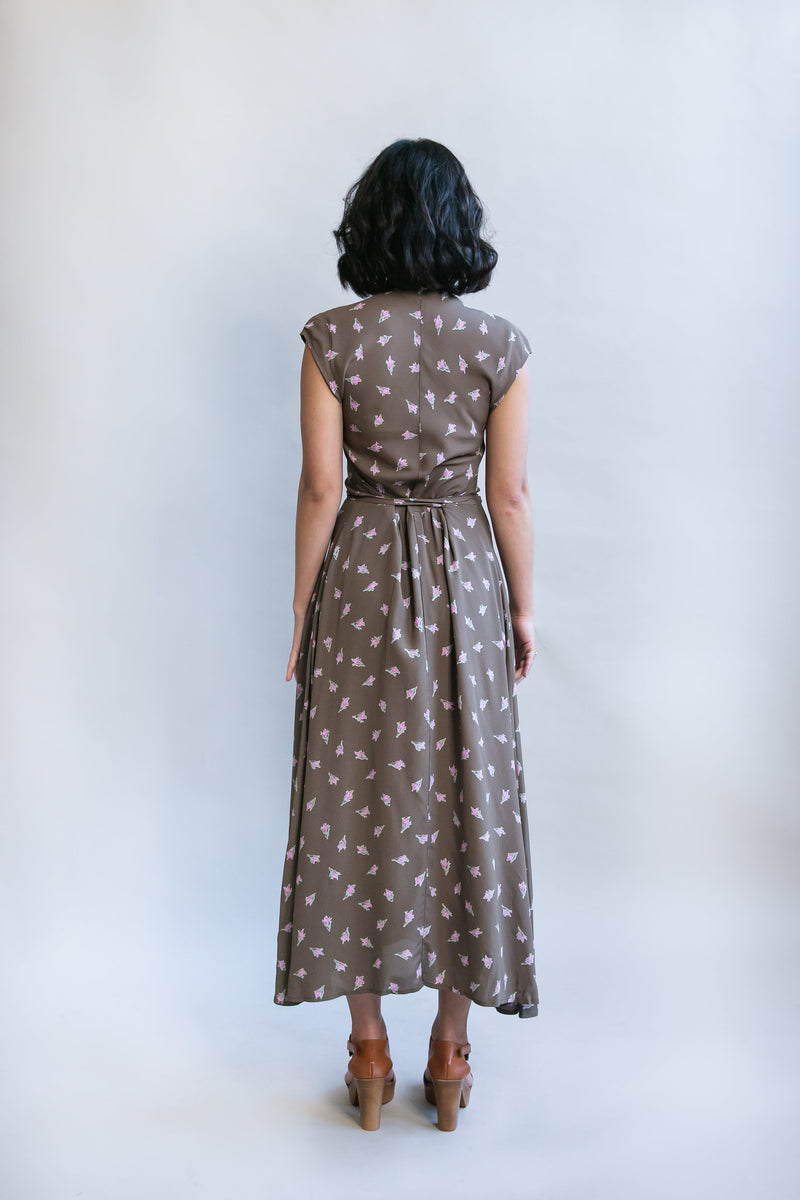 Belted Bias Dress in Olive Rose Bud
