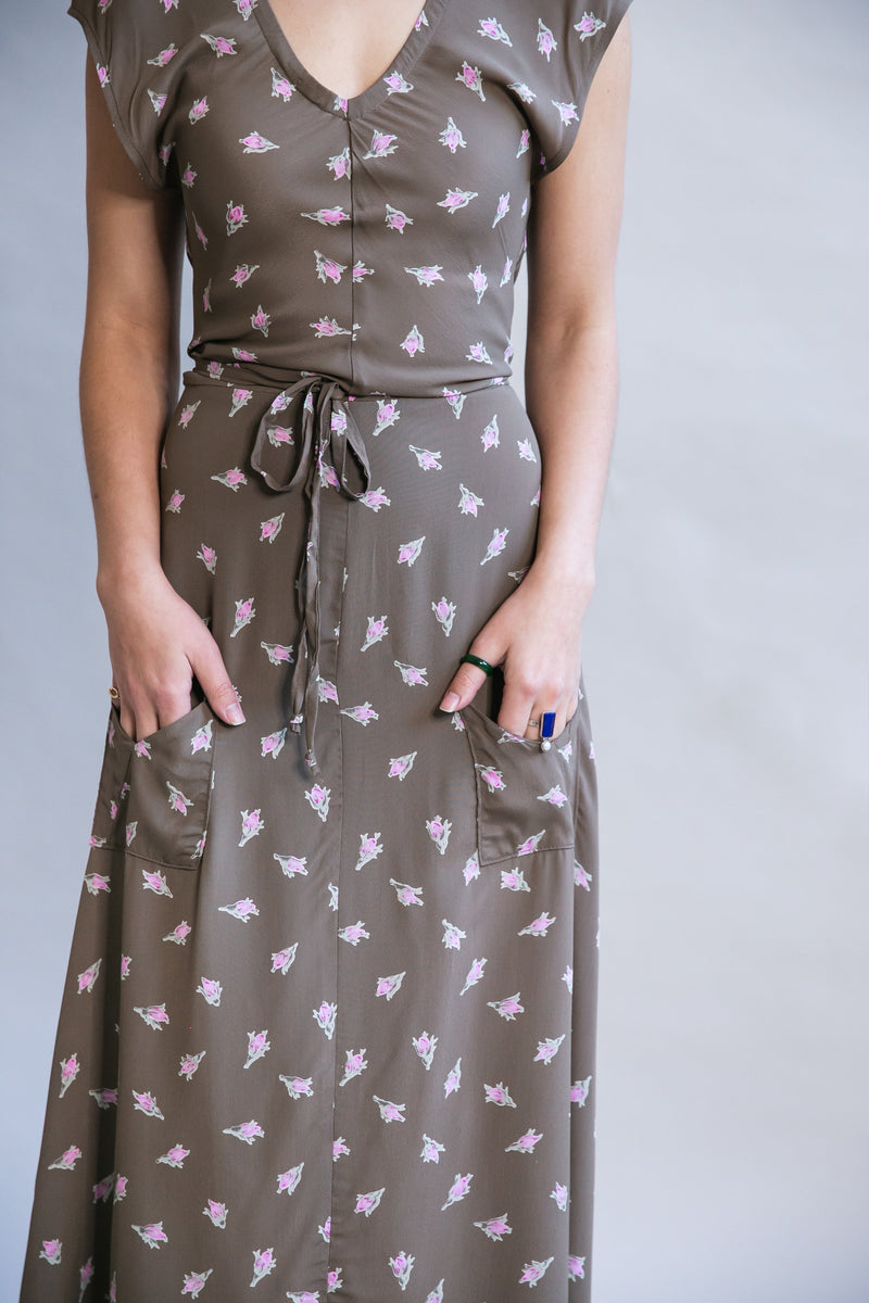 Belted Bias Dress in Olive Rose Bud