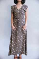 Belted Bias Dress in Olive Rose Bud