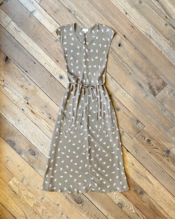 Belted Bias Dress in Olive Rose Bud