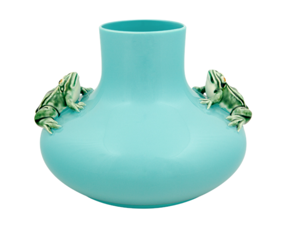 Blue Vase with whimsically decorated 2 Frogs