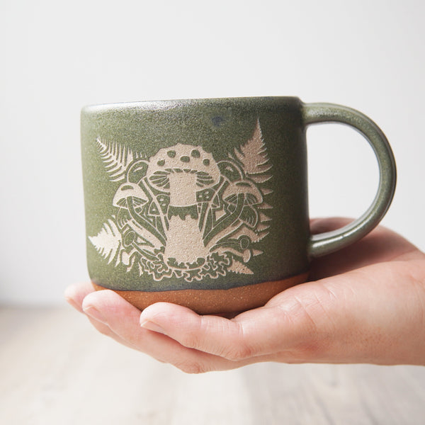 Mushroom + Ferns Mug, Forest Style Handmade Pottery