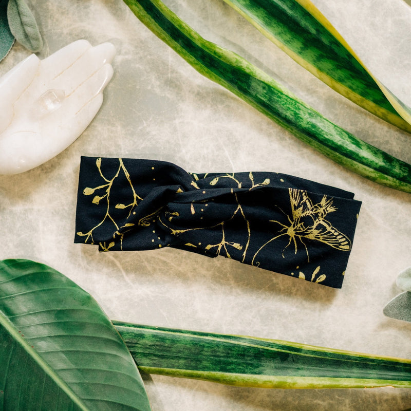 Hawk Moth Turban  - Black and Metallic Gold
