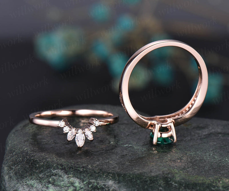 pear emerald wedding bridal ring set