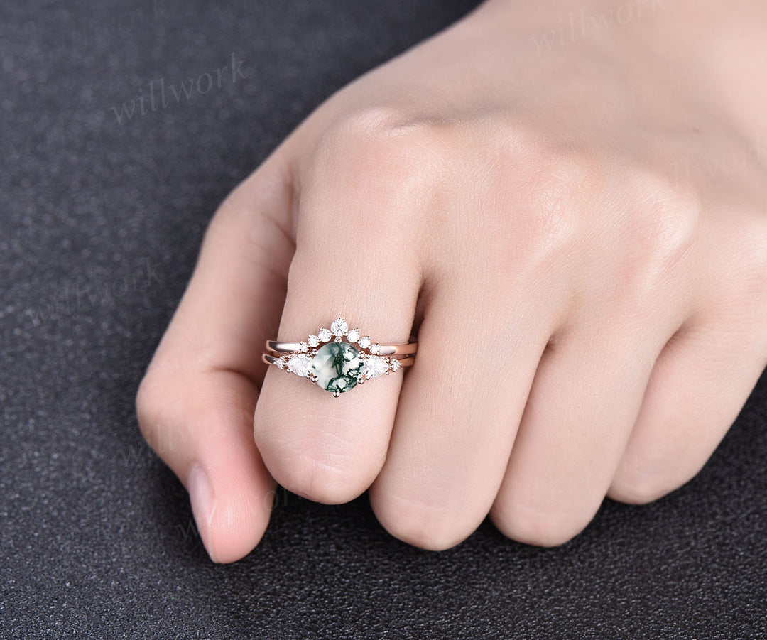 moss agate wedding ring set