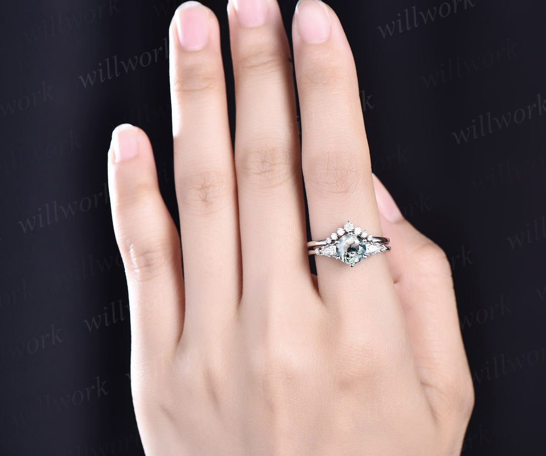 moss agate wedding ring set