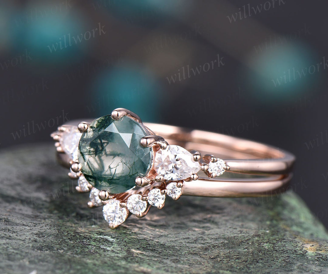 moss agate wedding ring set