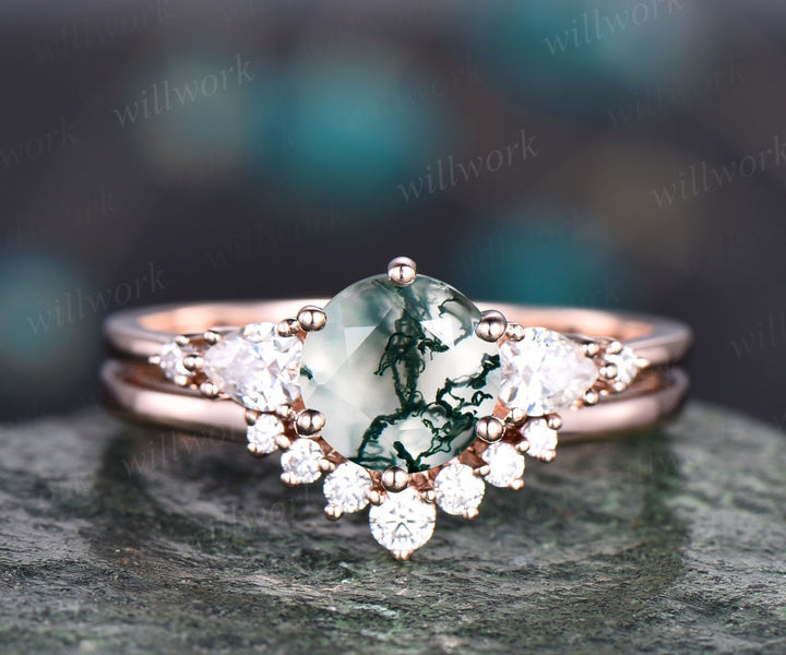 moss agate wedding ring set