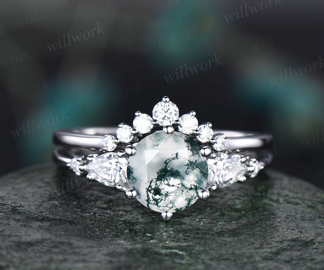 moss agate wedding ring set