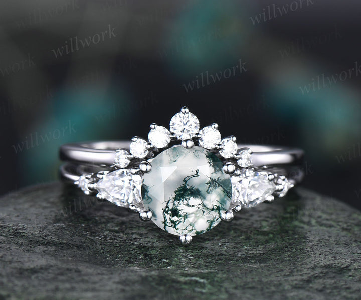 moss agate wedding ring set