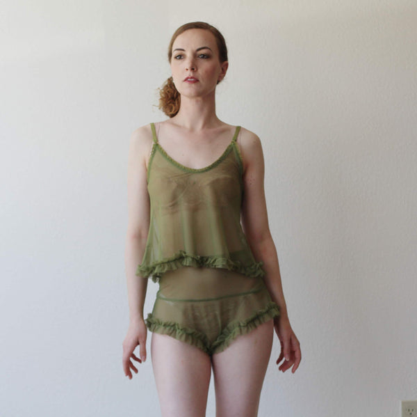 2 piece sheer lingerie set including cropped ruffled camisole and high waisted tap pants