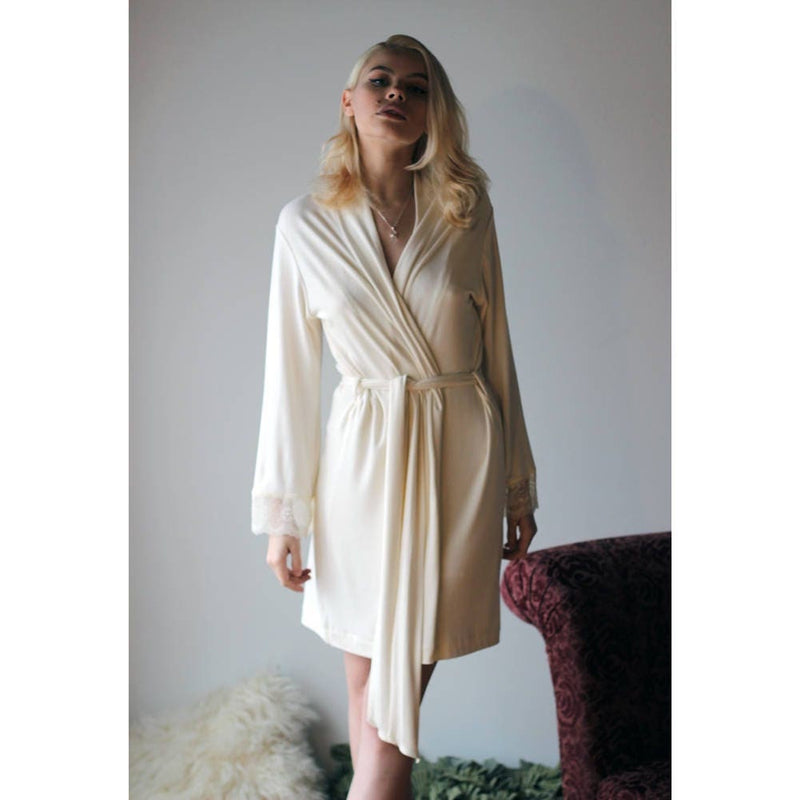 bride robe in bamboo jersey with lace trimmed bell sleeves