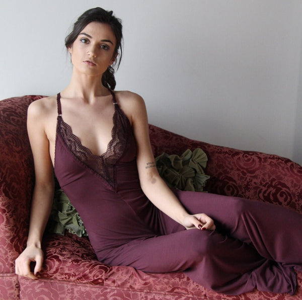 bamboo lingerie jumpsuit with plunging lace neckline