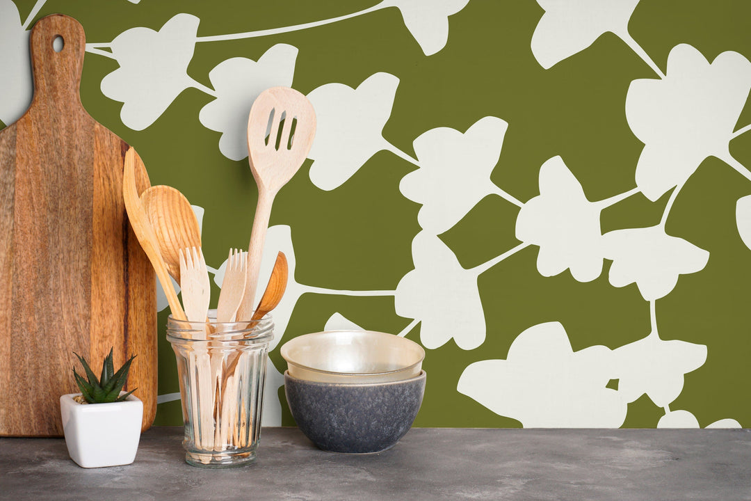Botanical Wallpaper with Abstract Leaf Silhouettes in Olive Green and White - X015