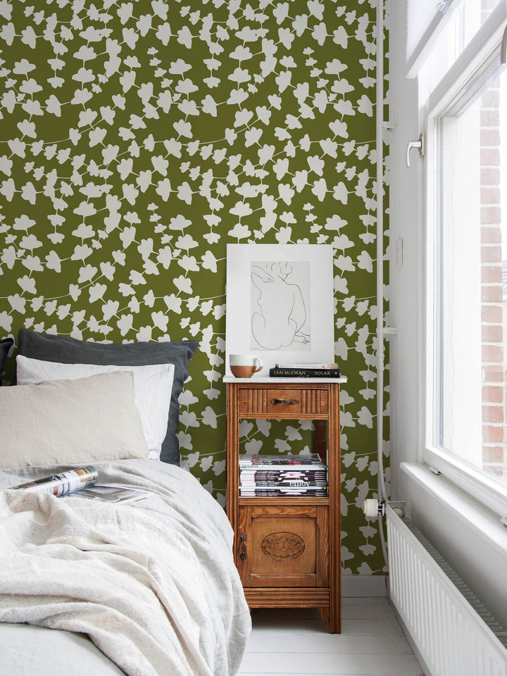 Botanical Wallpaper with Abstract Leaf Silhouettes in Olive Green and White - X015