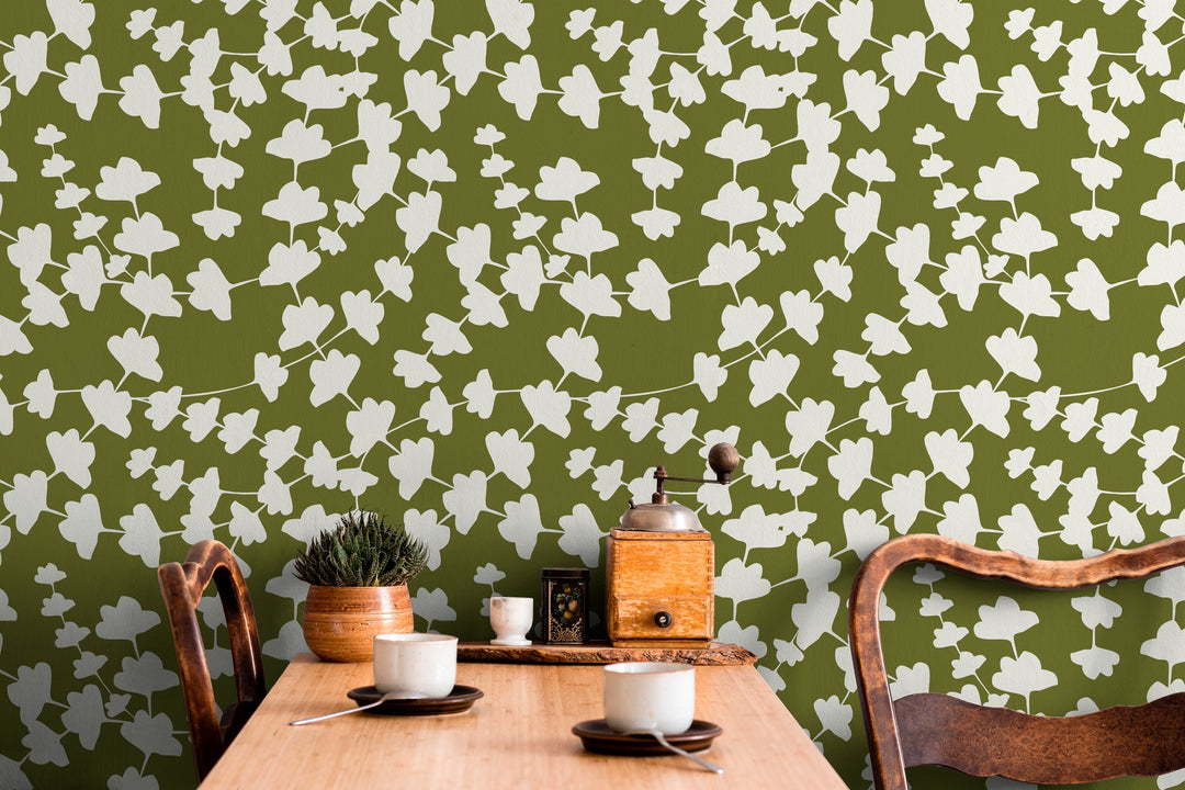 Botanical Wallpaper with Abstract Leaf Silhouettes in Olive Green and White - X015