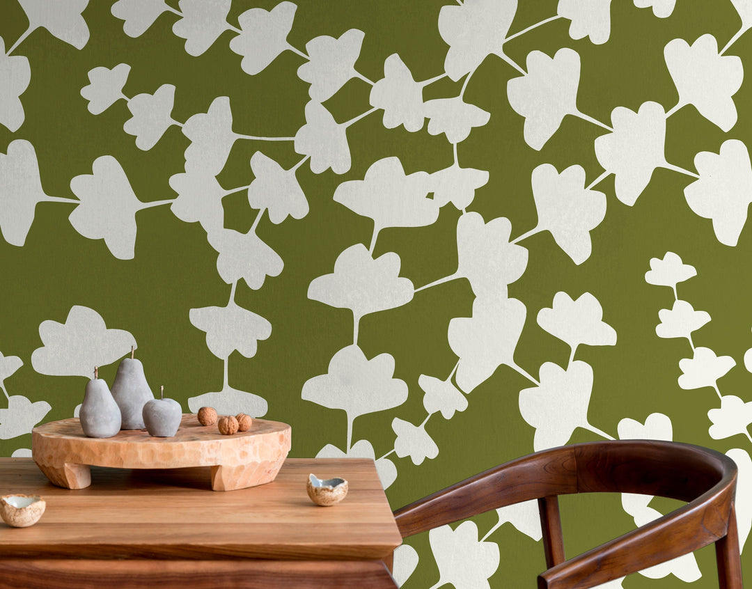 Botanical Wallpaper with Abstract Leaf Silhouettes in Olive Green and White - X015
