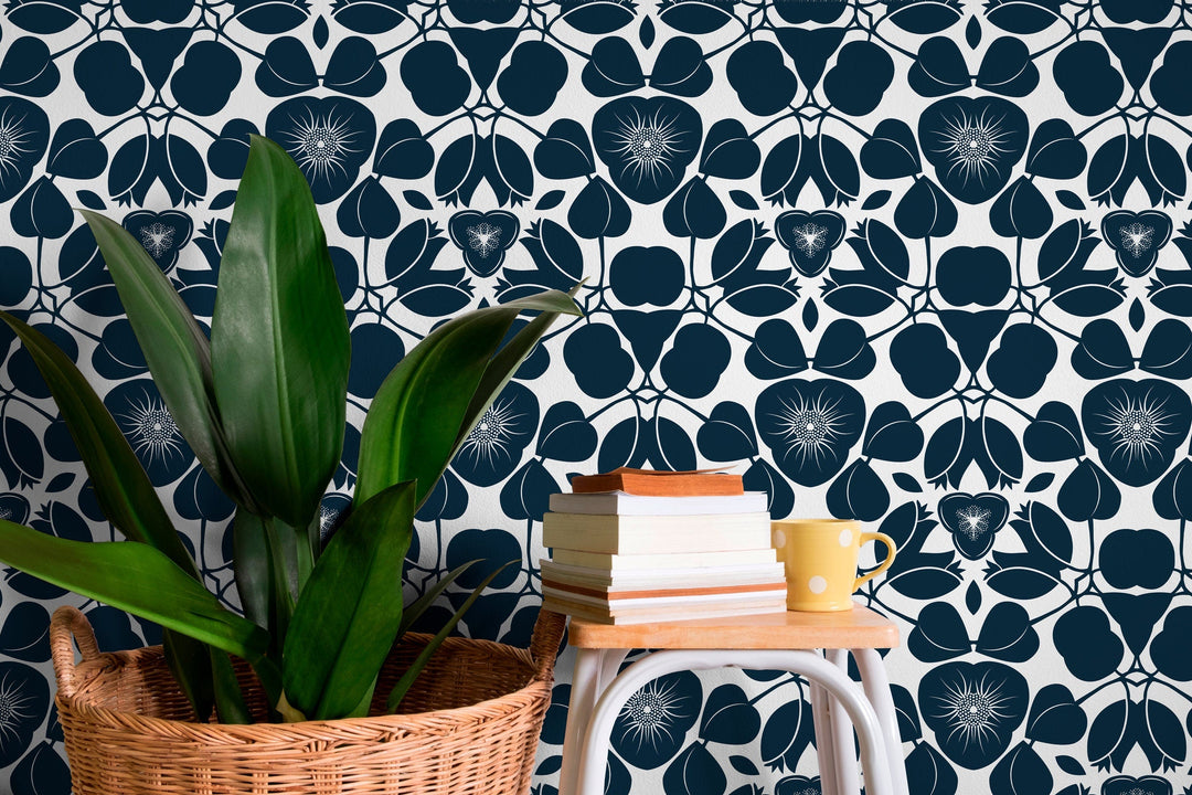 Floral Wallpaper Featuring a Graphic Damask Motif in Navy Blue and White - X044