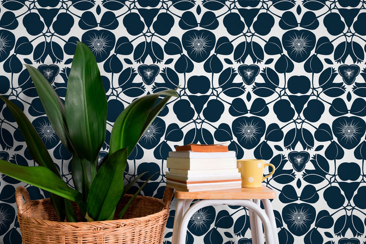 Floral Wallpaper Featuring a Graphic Damask Motif in Navy Blue and White - X044